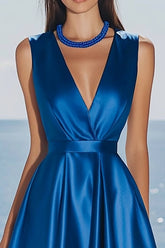 Königsblaues Satin Abendkleid mit V-Ausschnitt in A-Linie